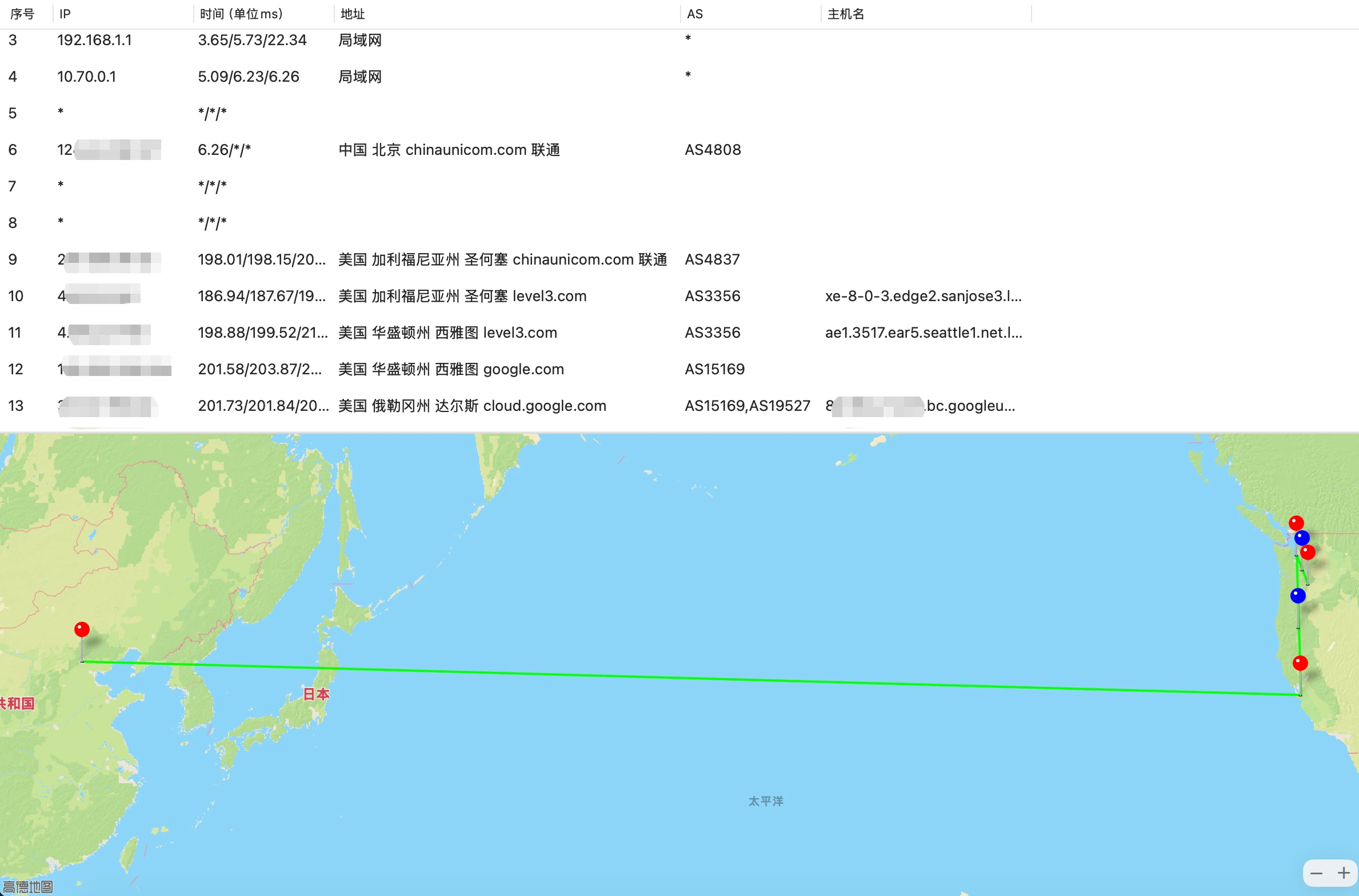 北京去程路由线路测试