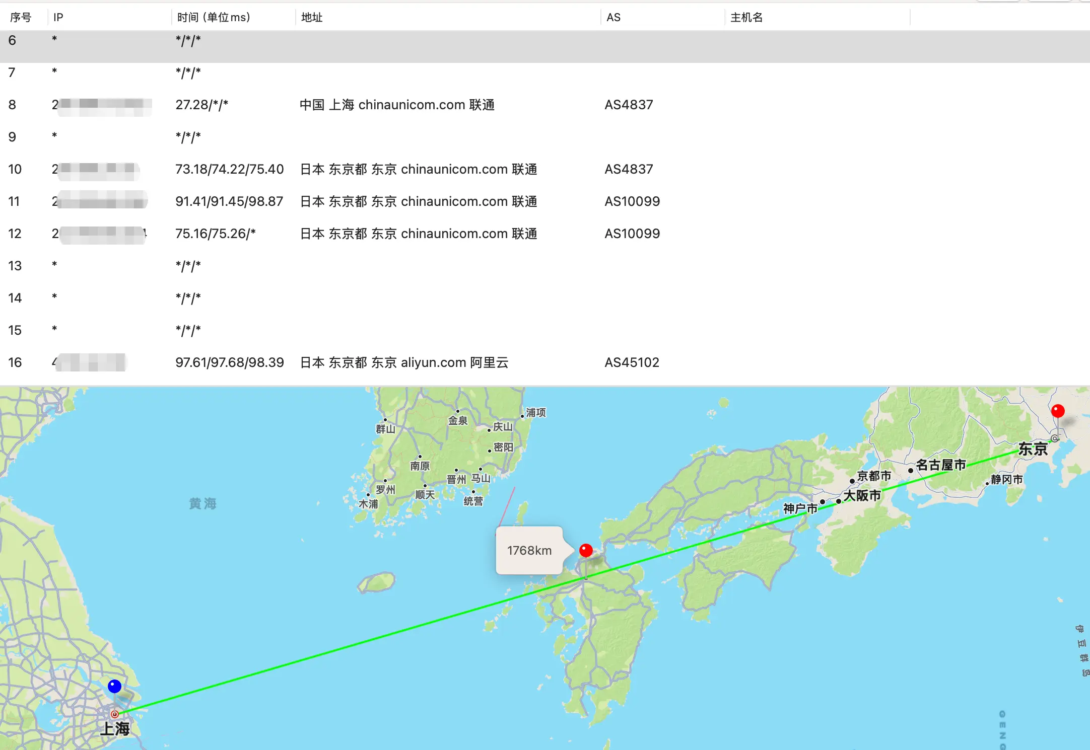 北京去程路由线路测试